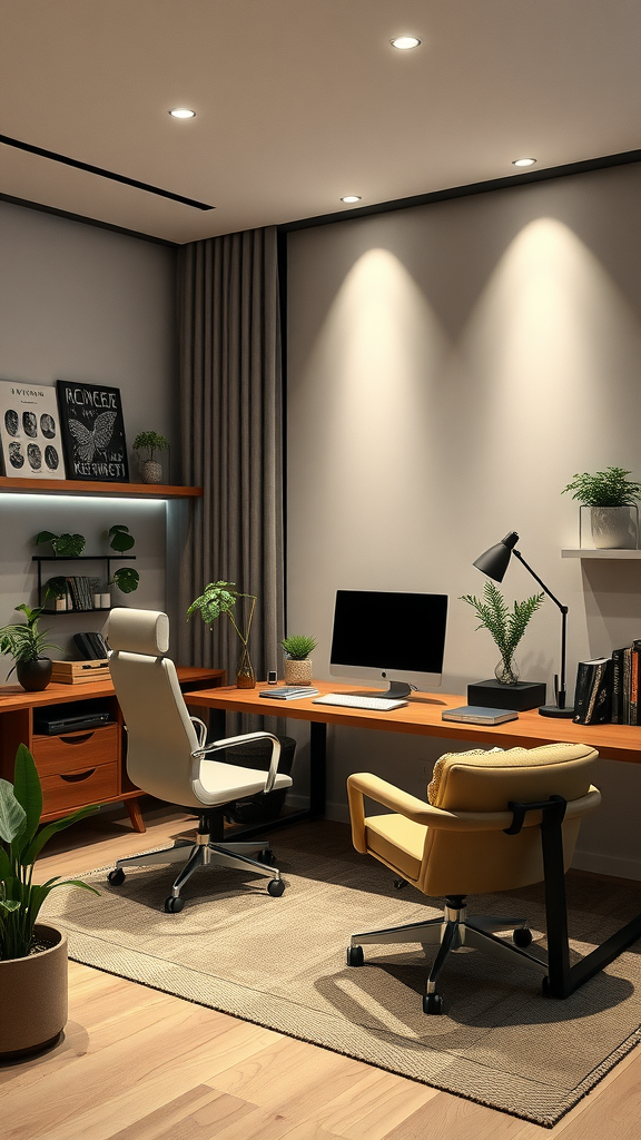 A modern office space featuring a desk, computer, and comfortable chairs, complemented by plants.