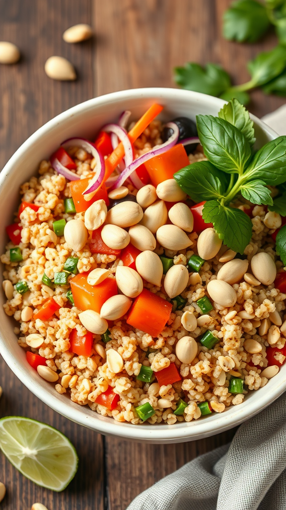 A bowl of Thai Peanut Quinoa Salad with colorful vegetables and peanuts.