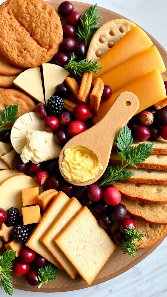 A beautifully arranged holiday-themed charcuterie board featuring cheese, cookies, fruits, and butter.