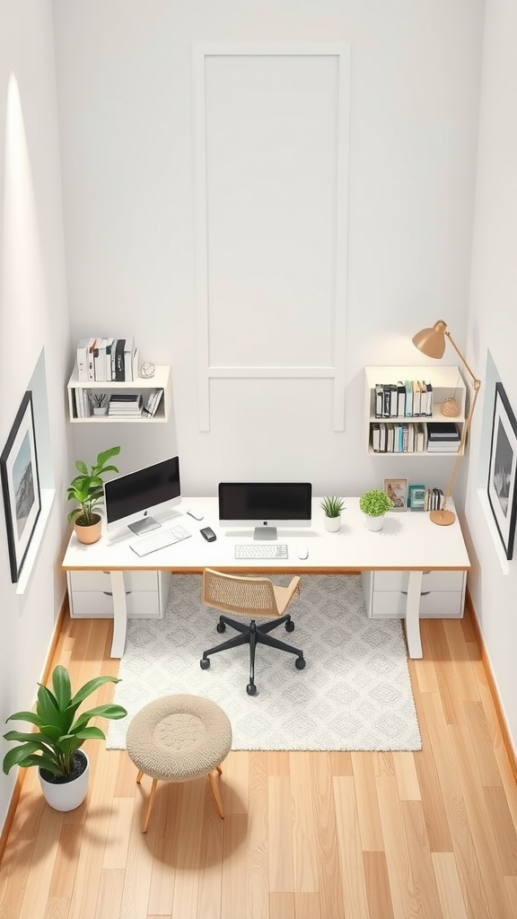 Modern home office setup with a desk, dual monitors, and houseplants.