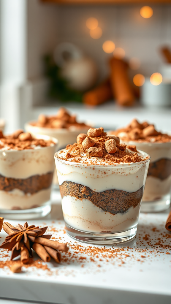 Layered tiramisu dessert cups with cocoa powder and cinnamon sticks, set in a cozy kitchen