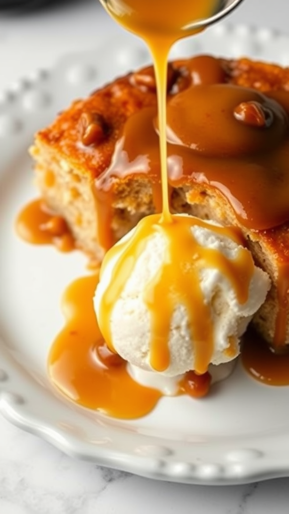 A slice of toffee pudding cake with caramel sauce and a scoop of vanilla ice cream