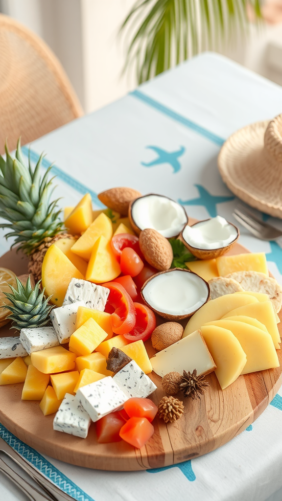 A colorful tropical charcuterie board featuring cheeses, fruits, and nuts on a wooden platter.