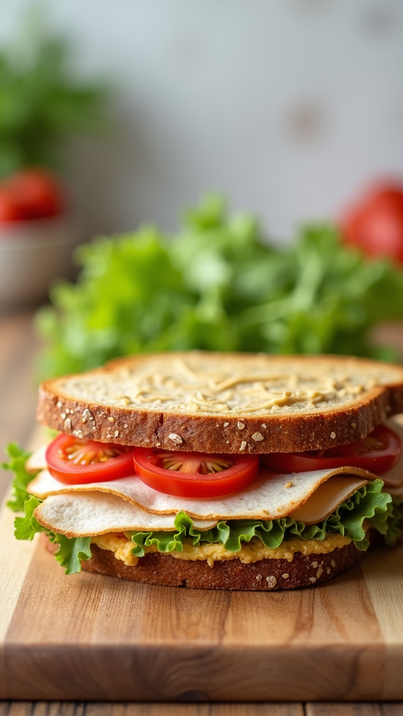 A delicious turkey and hummus sandwich with lettuce and tomato on whole grain bread.