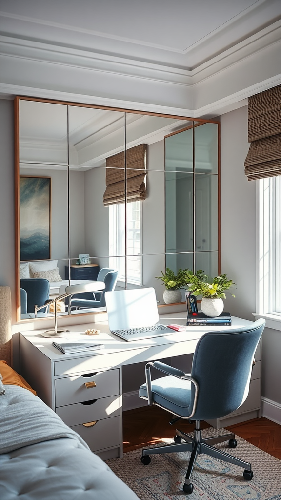 A stylish home office with a desk, chair, laptop, and a large mirror reflecting natural light.