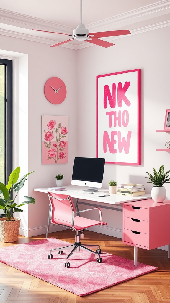 A cozy home office featuring pink wall art, a desk with a computer, and decorative plants.