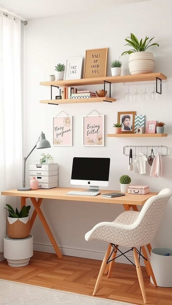 A stylish workspace with a wooden desk, a computer, and decorative shelves above.