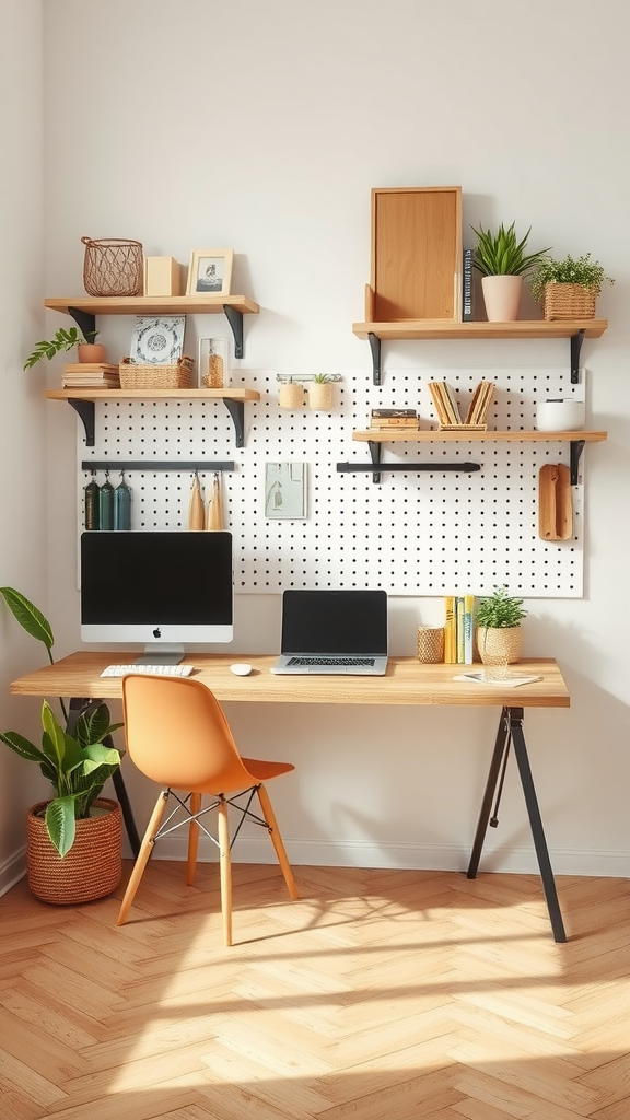 A stylish workspace featuring a wooden desk with two computers and a wall filled with shelves showcasing plants, books, and decorative items.