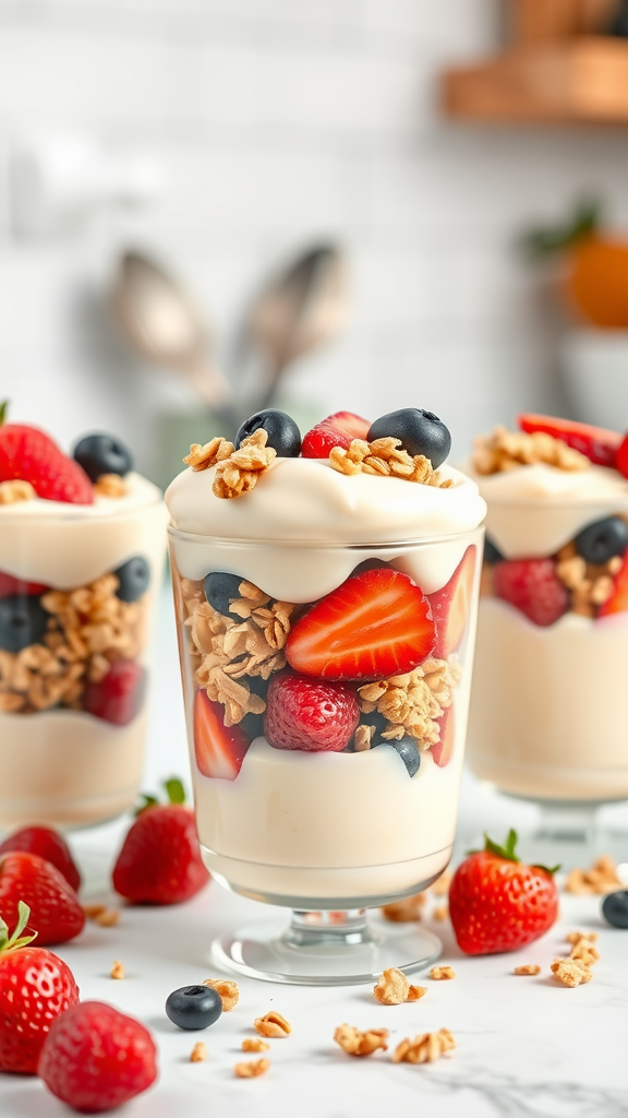 Three vanilla pudding parfaits layered with strawberries, blueberries, granola, and raspberries, surrounded by fresh berries on a marble countertop.