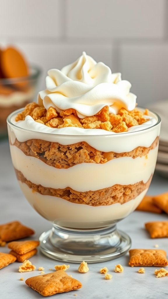 A glass dessert bowl filled with layers of vanilla pudding and crushed ginger snaps, topped with whipped cream.