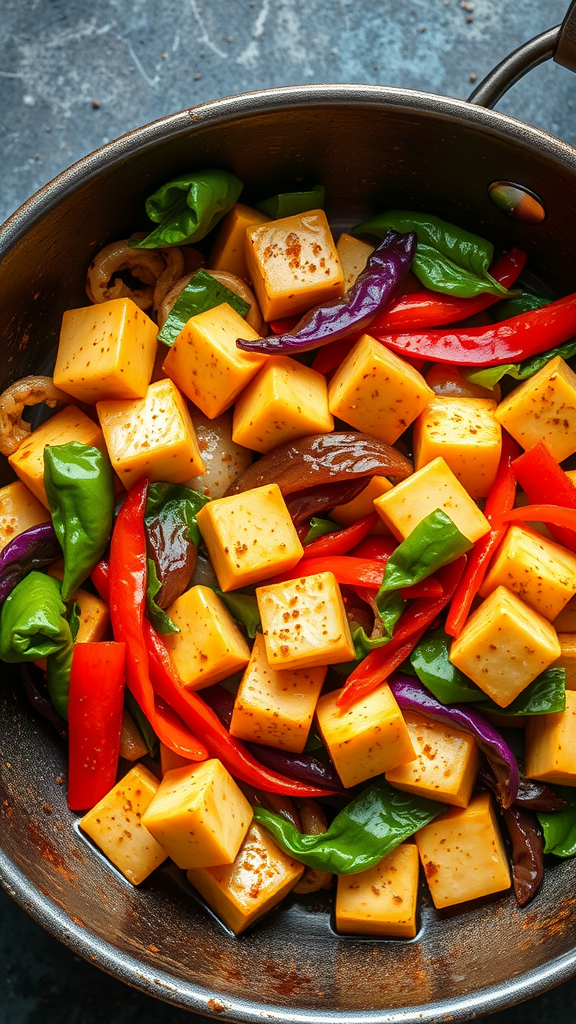 A vibrant vegetable and tofu stir fry in a pan, featuring colorful peppers and fresh greens.