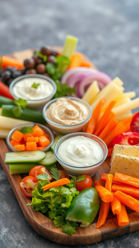 A colorful vegetarian charcuterie board with fresh vegetables, dips, and cheeses.