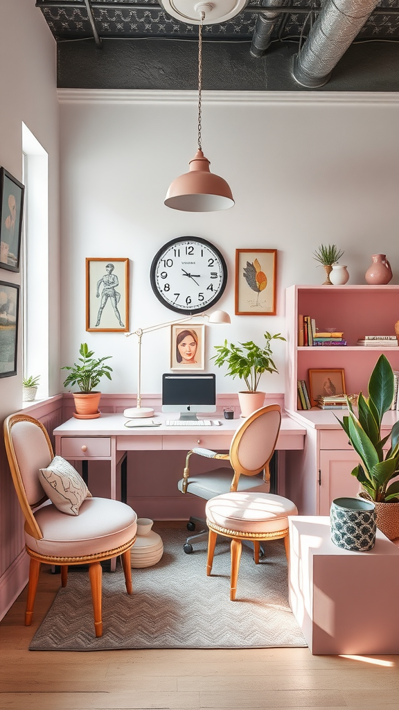 A cozy home office featuring vintage pink furniture, including a desk, chairs, and decor.