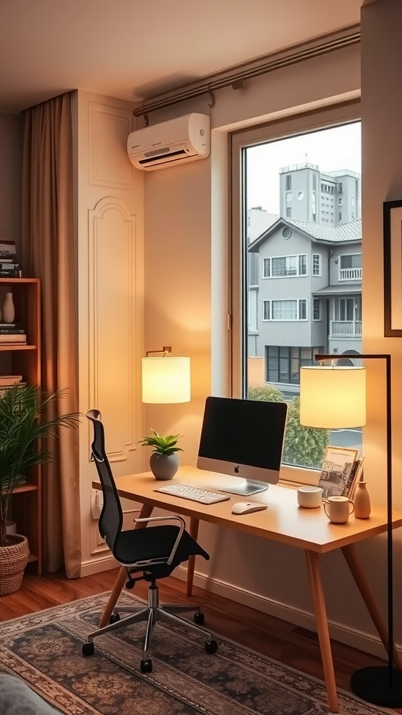 A cozy workspace with warm lighting, featuring a desk, computer, and soft lamp near a window.