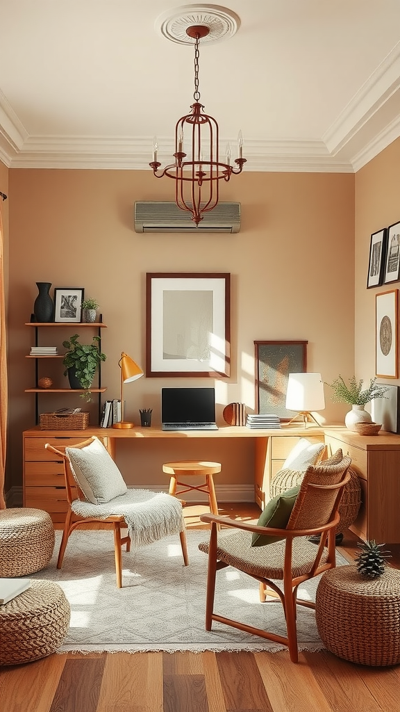 A cozy room with warm neutral tones, featuring a wooden desk, comfortable chairs, plants, and artwork.