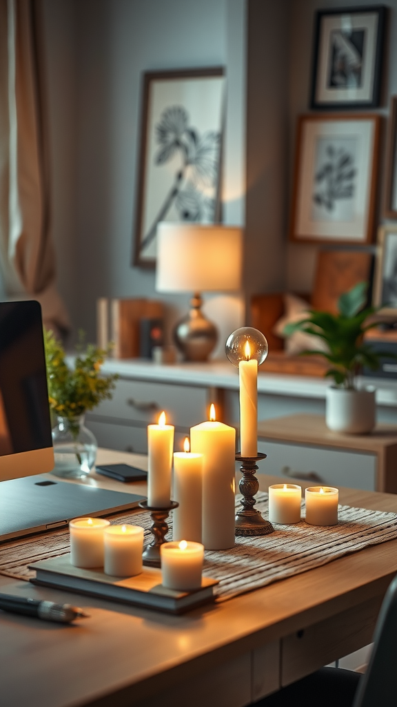 A cozy workspace with lit candles on a table.