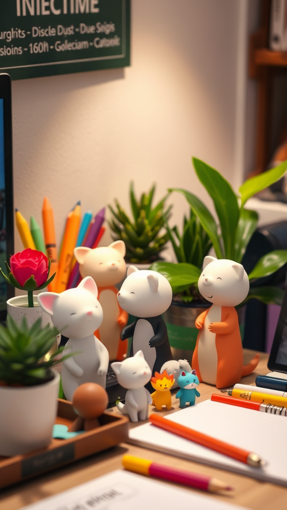 A collection of whimsical animal figurines on a desk surrounded by plants and colorful pens.