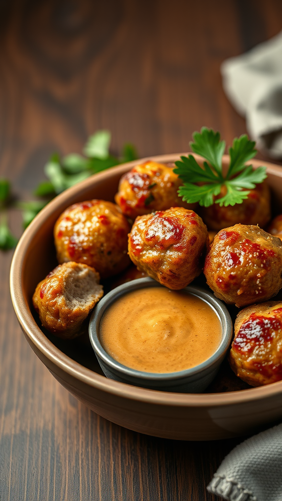 A bowl of zesty meatballs with a tangy dipping sauce surrounded by green parsley on a wooden table.