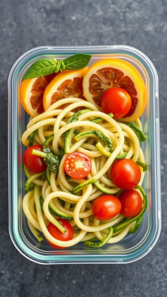 A dish of zucchini noodles with pesto sauce, topped with cherry tomatoes and lemon slices in a glass container.