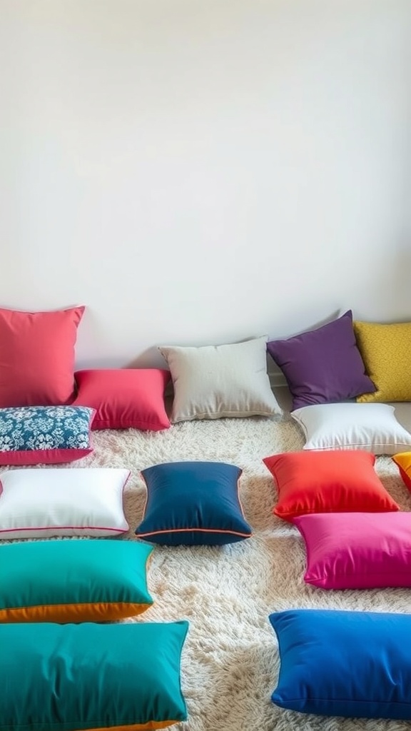 A variety of colorful meditation cushions arranged on a soft rug.