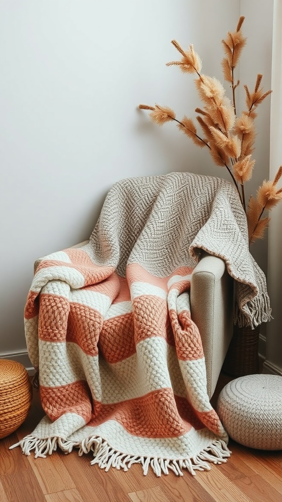 A cozy corner featuring a chair with a colorful throw blanket, a decorative plant, and a soft pouf.