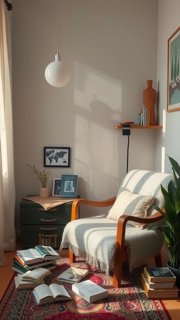 A cozy reading nook featuring a comfortable chair, scattered books, a plant, and warm lighting.