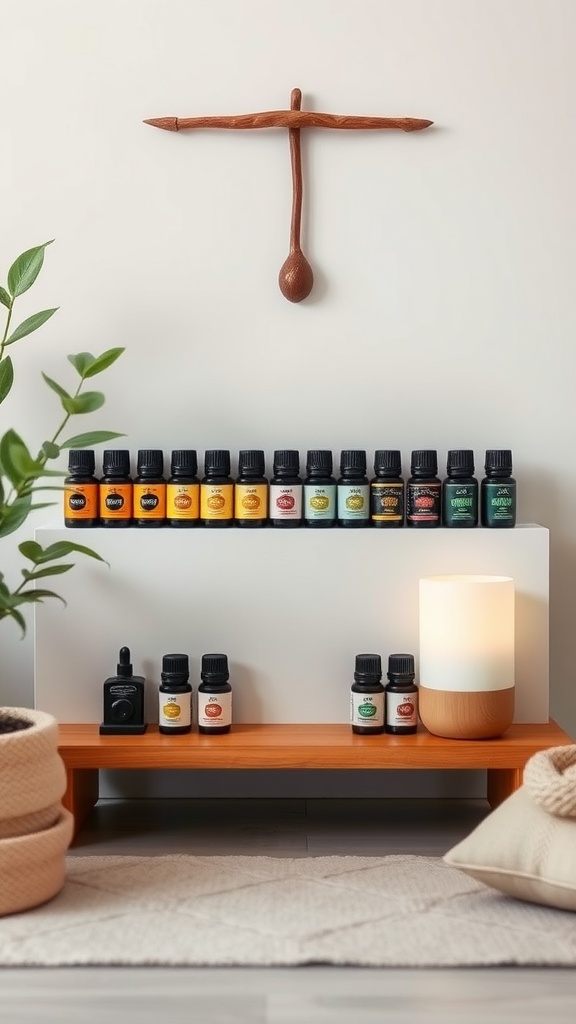 A cozy aromatherapy station with essential oil bottles, a candle, and a plant.
