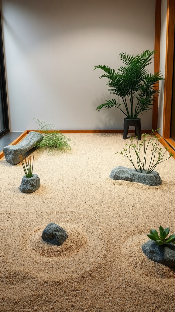 Indoor zen garden featuring sand, rocks, and plants
