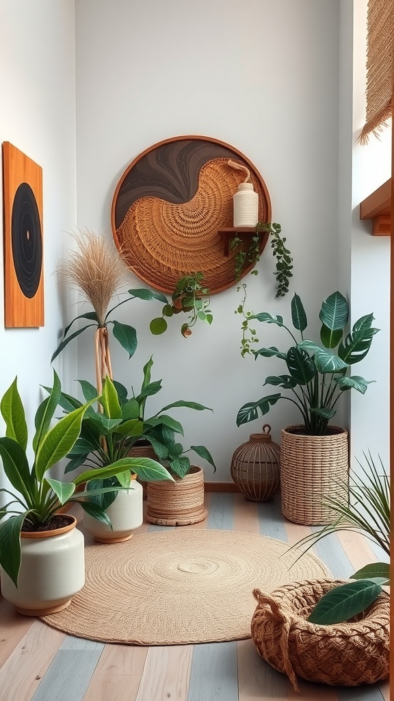 A serene meditation corner featuring plants, natural materials, and earthy artwork.