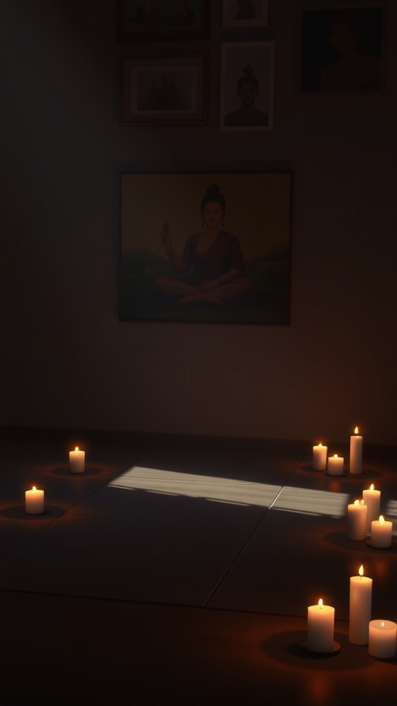 A tranquil meditation corner with soft candlelight and a serene portrait.