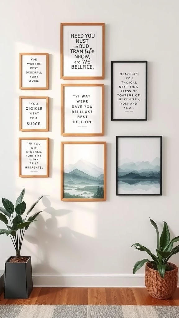 A cozy meditation corner featuring a gallery wall of inspirational quotes and serene landscapes, complemented by indoor plants.