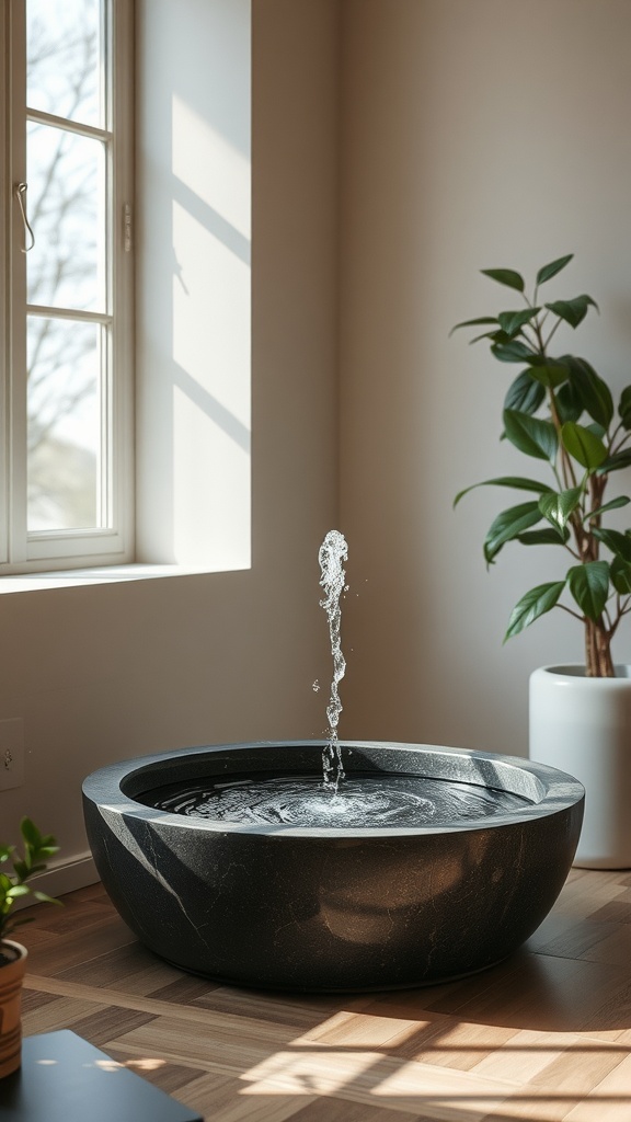 A stylish black stone water feature with gentle water flow, surrounded by plants, in a bright room
