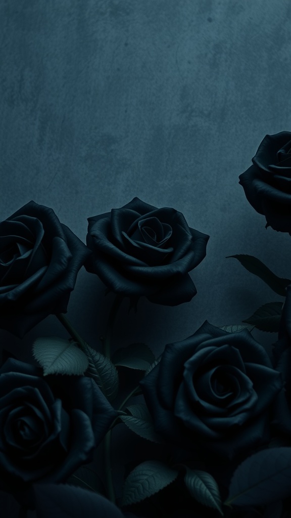 A dark floral pattern featuring black roses on a textured background