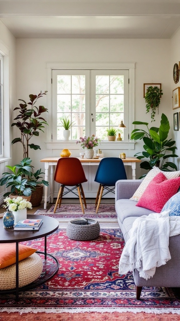 Cozy small living room and dining room combo with colorful textiles and plants.