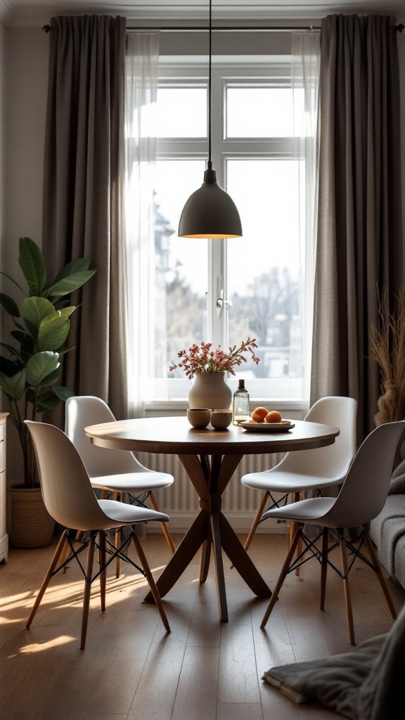 A cozy small dining area featuring a round wooden table surrounded by white chairs, a vase with flowers, and a bright window.