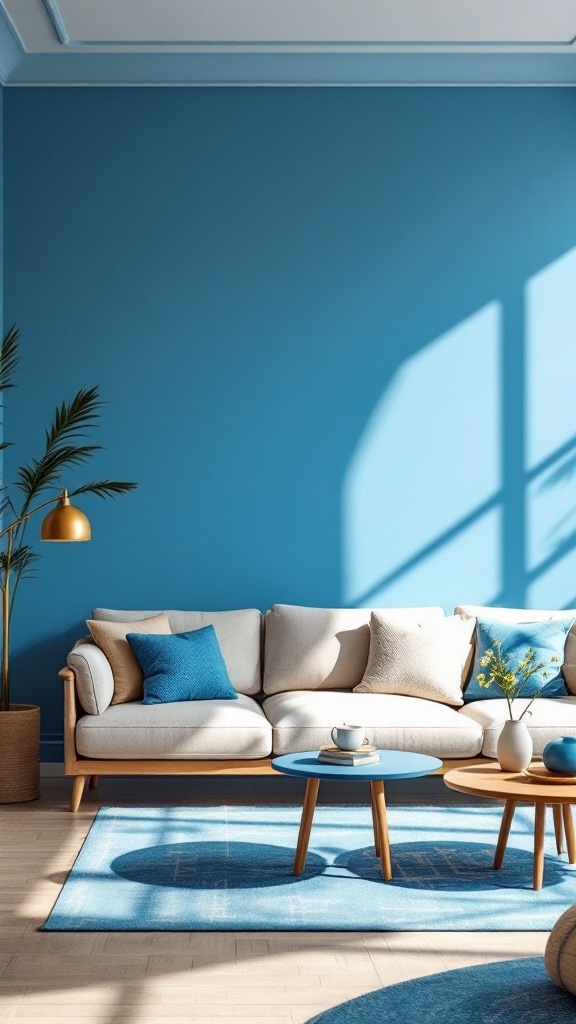 Small living room and dining room combo featuring a blue wall, light-colored sofa, and complementary decor.