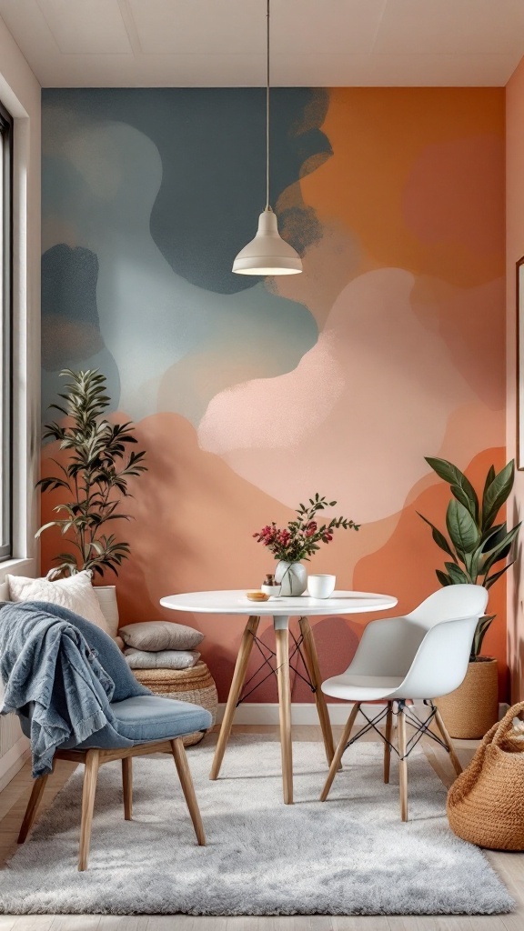 Small living room and dining room combo featuring a colorful feature wall, round table, and comfy chairs.