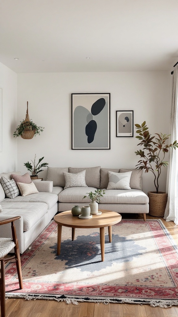 A small living room with a cozy sofa, coffee table, and a patterned area rug.
