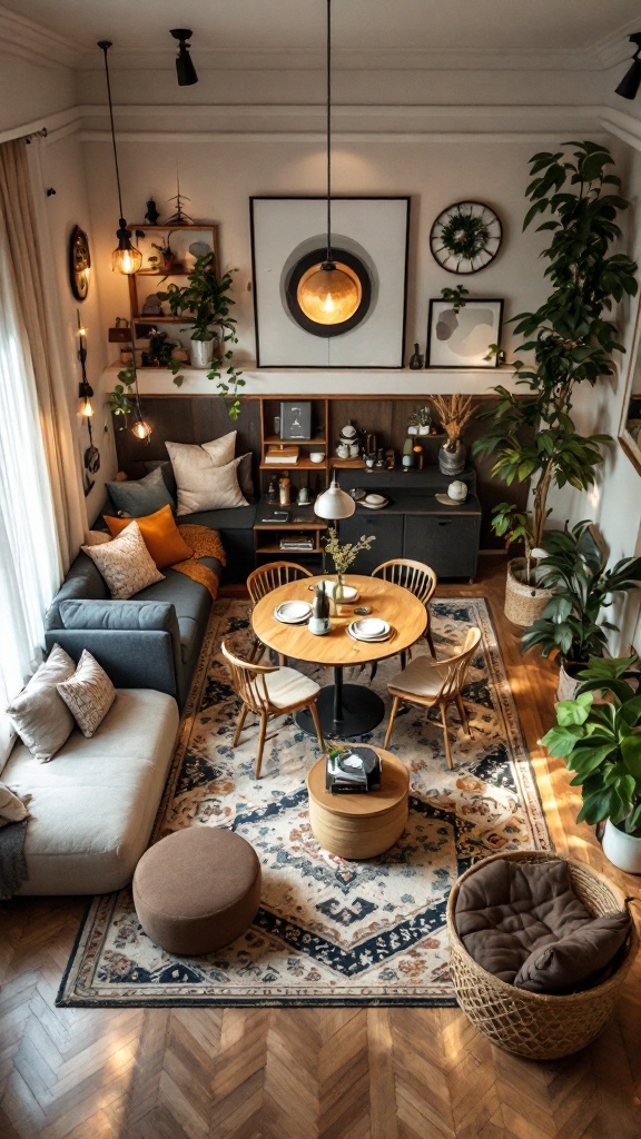 A creative layout of a small living room and dining room combo featuring a sofa, dining table, plants, and decorative elements.