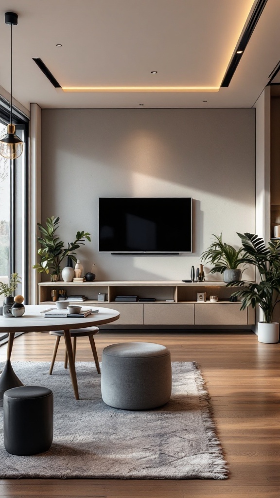 A small living room and dining room combo featuring modern decor, plants, a wall-mounted TV, and a round table.