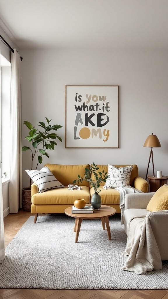 A small living room and dining room combo featuring a yellow sofa, a round coffee table, and plants.