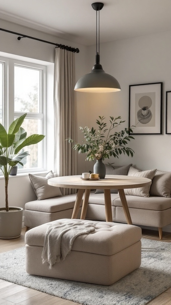 A cozy small living room and dining room combo featuring a compact sofa, round table, and a storage ottoman.