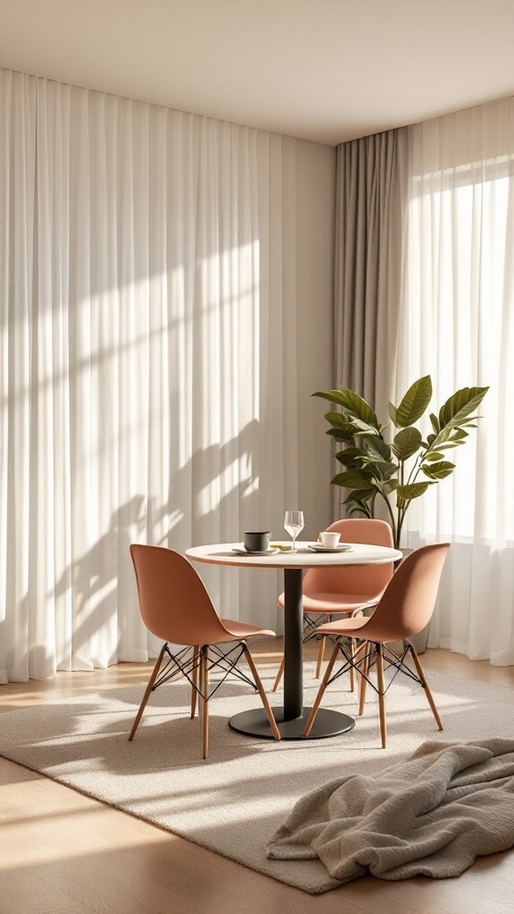 Cozy small living room and dining area with a round table, pink chairs, and sheer curtains allowing natural light to flow in