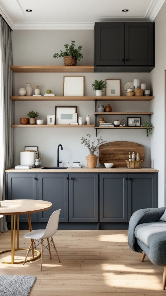 Image of a small living room and dining room combo featuring vertical storage solutions with open shelves and cabinets.