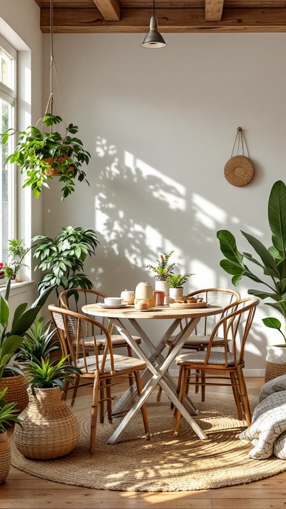 A small dining area with a round table, surrounded by green plants and natural decor.