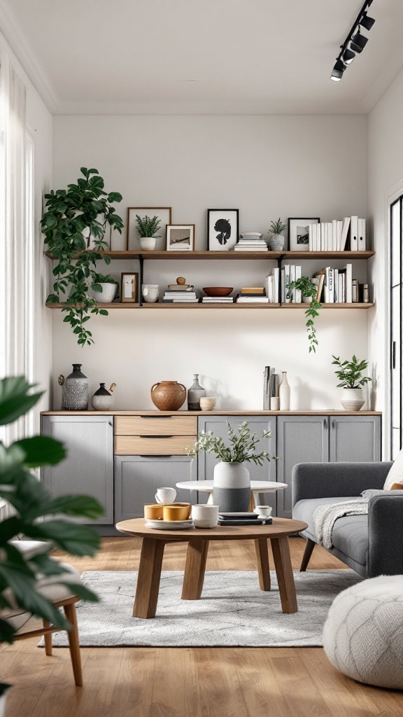 A small living room and dining room combo featuring open shelving with plants, books, and decorative items.