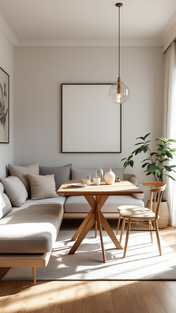 Cozy small living room and dining room combo featuring a sofa, wooden dining table, and plants