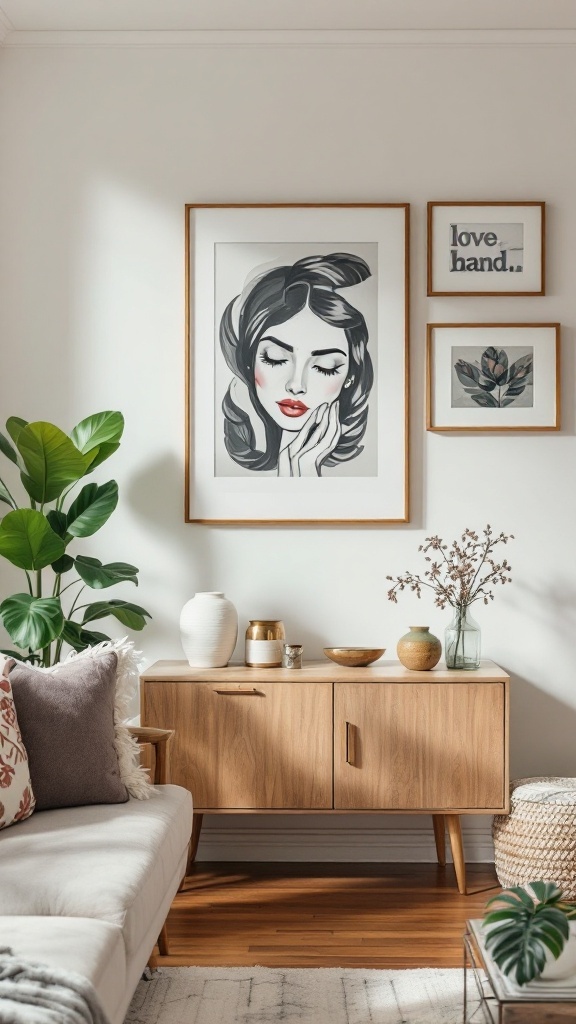 A cozy small living room and dining room combo with art and decor, featuring a portrait, decorative items, and plants.