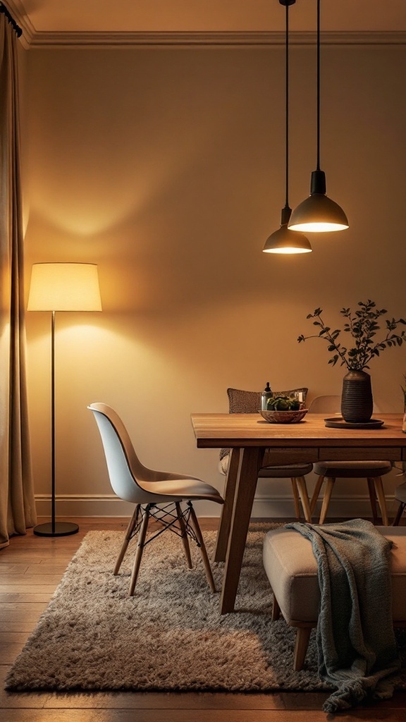 Cozy small living room and dining room combo with stylish lighting fixtures