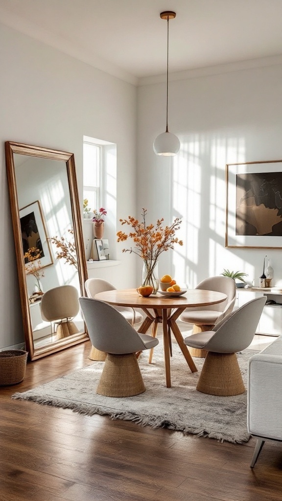 Bright small living room and dining room combo featuring a large mirror that enhances light and space.